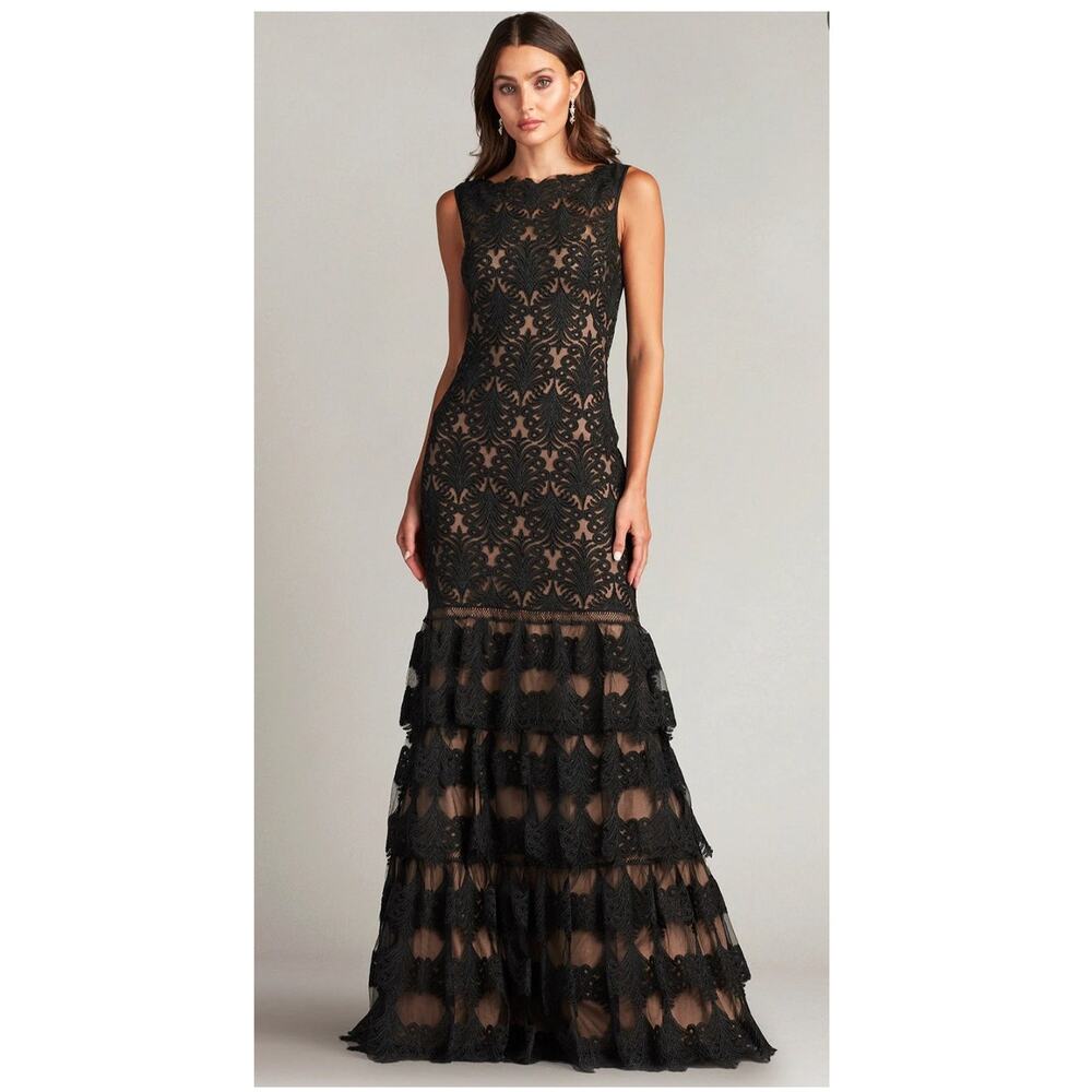 NWT Tadashi Shoji Aniyah Black Lace Tiered Ruffle Tulle Mermaid Gown Dress 10